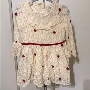 Janie and Jack Cream Lace Dress with Red Floral Details